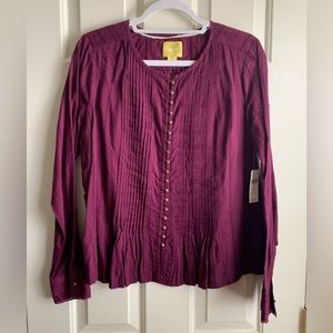 Anthropologie Maeve button down plum maroon peplum top eyelet detail Medium NWT